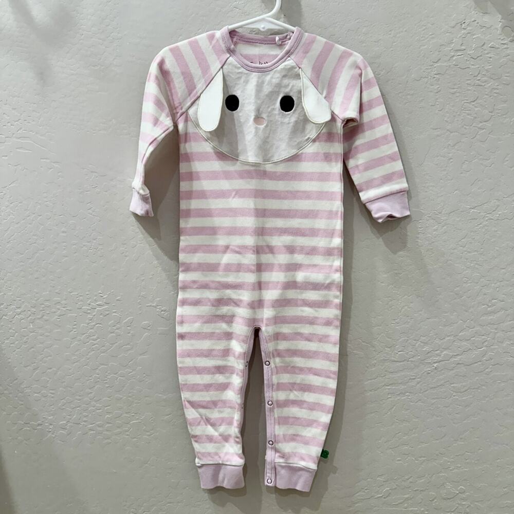 Green Cotton White Bunny Appliqué Pink Stripe Romper